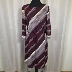 Dressbarn Burgundy Lace Dress Size 10 Belted 3/4 Sleeve Knee Length